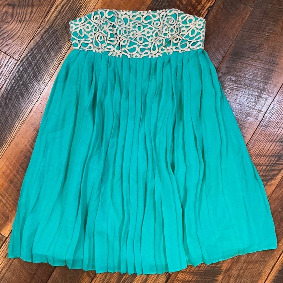 Lilly Pulitzer Jillie Strapless Silk Dress Teal Aqua Gold Beaded Bodice Size 0 - Picture 2 of 6